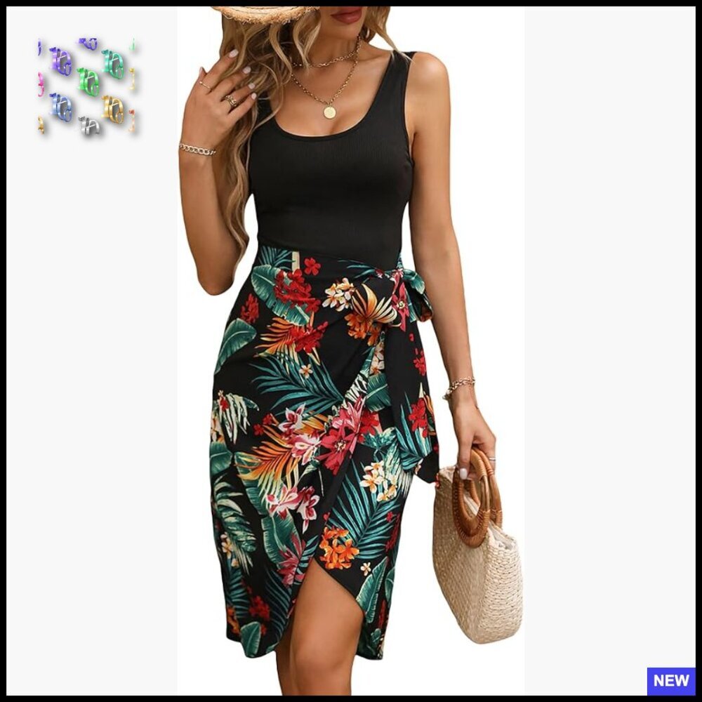 Tropical Print Knot Side Wrap Hem Sleeveless Scoop Neck Tank Dress